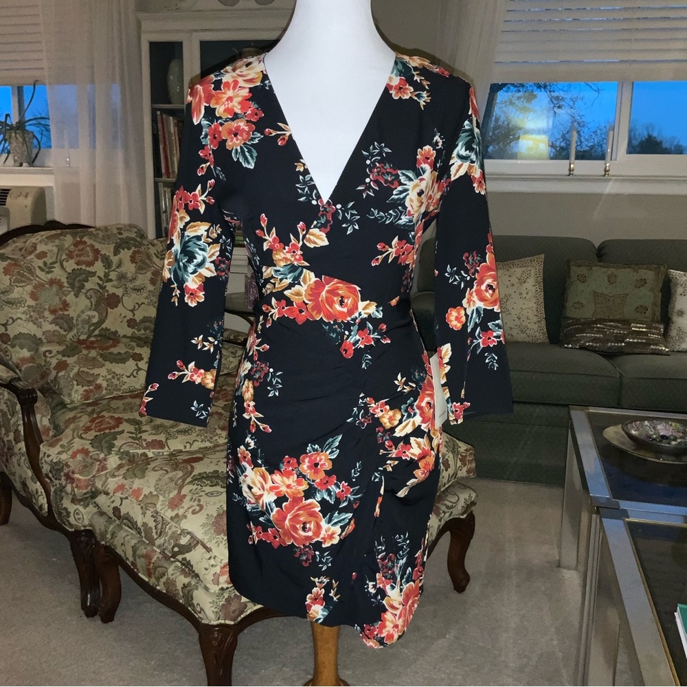 Zara Silky Fitted Ruched Sexy Floral Cocktail Dress L